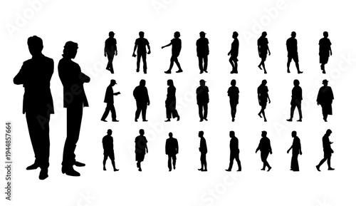 A collection of black silhouettes of business people walking and standing in various poses