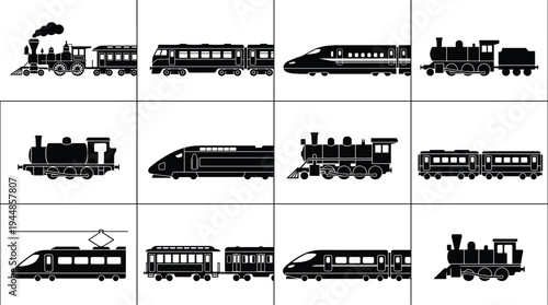 Black silhouette illustrations of various trains including steam engines, modern high‑speed rail, and electric locomotives, ideal for transport history, design, or educational themes.