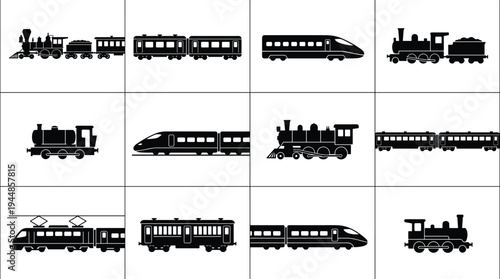 Black silhouette illustrations of steam, electric, passenger, and modern high‑speed trains in 4x4 grid, ideal for transport history, design, or educational themes.