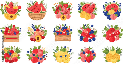 Colorful collection of summer fruit vector illustrations featuring baskets and crates filled with watermelon berries apples and pineapple isolated on white background.