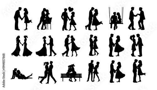 A collection of black silhouettes depicting romantic couples in various poses and settings.