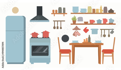 Cute Kitchen Dining Elements Vector Set with Fridge Oven Shelves and Cooking Furniture