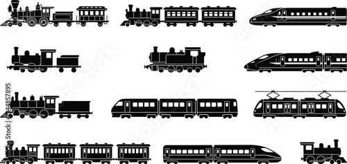 Black silhouette illustrations of steam, electric, passenger, and modern high‑speed trains in grid format, ideal for transport history, design, or educational themes.