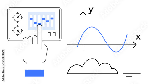 Data analytics concept. Data analytics ed by a control panel, line graph, and cloud elements. Data analytics aiding decision-making and predictive insights. For tech, monitoring, design, business