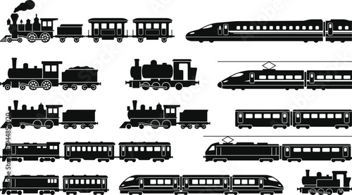 Black silhouette illustrations of steam, electric, passenger, and modern high‑speed trains in rows, ideal for transport history, design, or educational themes.