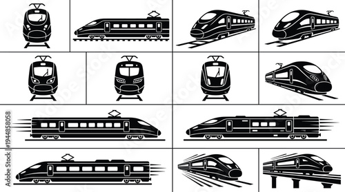 Black and white vector illustrations of modern high‑speed trains in multiple perspectives, showcasing aerodynamic design, motion, and advanced rail technology for transport or design themes.
