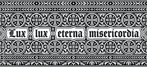 Ornate black and white Gothic decorative design with floral and geometric motifs, crosses, and Latin inscription, ideal for sacred art, medieval, or ceremonial themes.