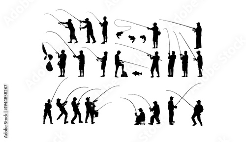 A black and white illustration of various silhouettes of people fishing in different poses and locations.
