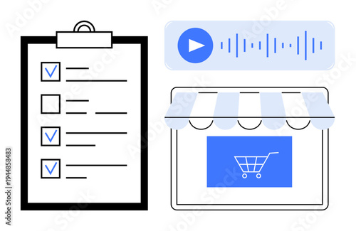 E-commerce, marketing strategies, online shopping, task management, audio content, retail solutions. A checklist, sound waveform and storefront icon with a cart. E-commerce and marketing strategies