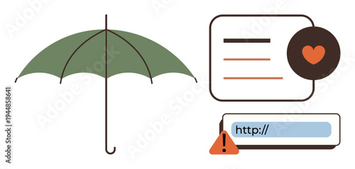Insurance, cybersecurity, online safety, love, risk management, data protection. Green umbrella, digital warning sign heart icon and website link. Insurance and cybersecurity concept