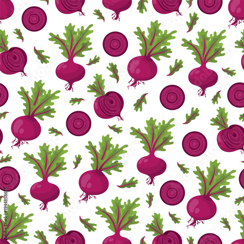Beetroot seamless pattern with whole and sliced ​​fruits and leaves, flat vector illustration of organic red beetroot, food pattern design.