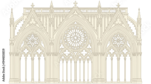 Detailed Gothic cathedral facade drawing with pointed arches, rose windows, tracery, pinnacles, and spires, ideal for architectural history, medieval design, or restoration themes.