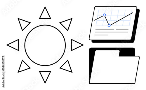 Sun with triangular rays complements a document folder and diagrammatic graph analysis. Ideal for efficiency, organization, research, data management, strategy, planning, productivity themes. Clean