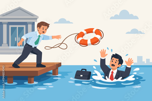 Flat Vector Illustration of a Bank Employee Throwing a Lifebuoy to a Drowning Businessman, Symbolizing Financial Rescue, Economic Support, Business Bailout, and Crisis Management Assistance.