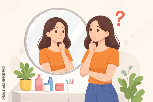 Thoughtful Young Woman Looking at Her Reflection in Bathroom Mirror with Question Mark, Thinking About Skincare Routine or Identity, Flat Vector Illustration of Doubt, Uncertainty, Self-Reflection