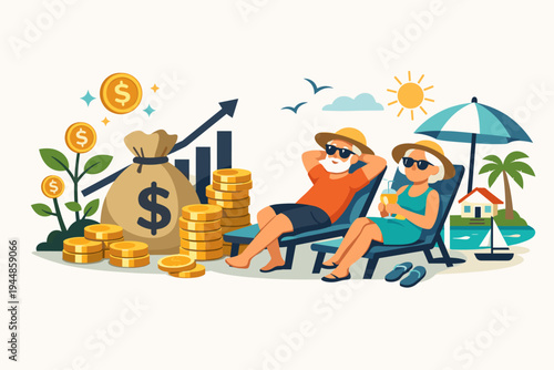 Senior couple enjoying retirement on a tropical beach with stacks of gold coins, money bag, and rising investment chart, symbolizing passive income, financial security, and wealth growth.