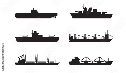 A collection of various ship silhouettes on a white background