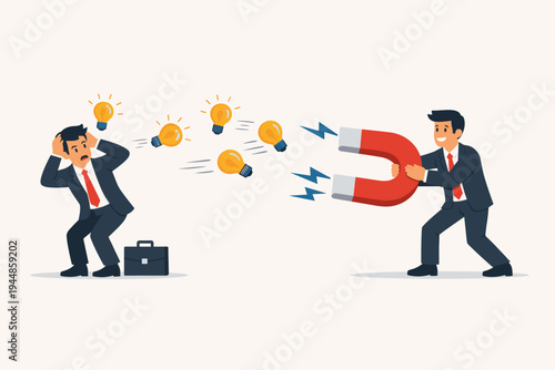 Businessman Using a Large Horseshoe Magnet to Steal Creative Ideas and Light Bulbs from a Distressed Rival Colleague, Concept of Intellectual Property Theft, Corporate Competition and Innovation