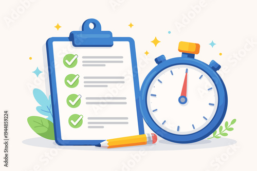 Flat vector illustration of a clipboard with a completed checklist, green checkmarks, a blue stopwatch, and a yellow pencil. Concept of time management, productivity, and efficient task planning.