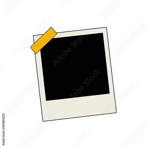 Polaroid photo frame with yellow sticky tape on white background