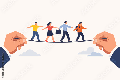 Flat vector illustration of diverse people walking on a tightrope held by giant businessman hands, symbolizing career risk, life balance, corporate support, leadership, and social stability.