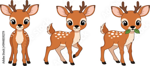 Set of Cute Fawn Deer Illustrations with Antlers and Leaves for Animal and Nature-Themed Designs
