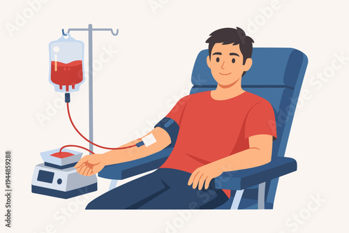 Flat vector illustration of a young man sitting in a medical chair donating blood at a clinic. Features a blood bag on a stand, tubing, and a medical monitor on a clean light background.