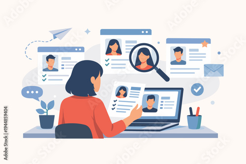 Professional recruiter reviewing online job applications and CVs on a laptop. HR manager searching for candidates, talent acquisition process, hiring new employees. Flat vector illustration.