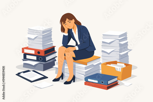 Exhausted businesswoman sitting on stacks of paper documents and folders. Overwhelmed female office worker feeling stressed from heavy workload, burnout, and bureaucracy. Flat vector illustration.