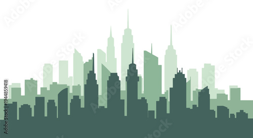 Vector illustration of background with green city skyline silhouette