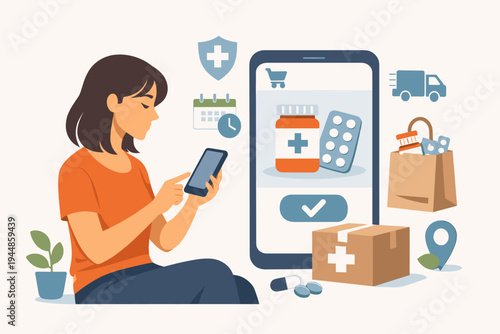 Woman Using Smartphone App to Order Medicine from Online Pharmacy, Flat Vector Illustration of Healthcare Technology, Prescription Delivery Service, Medical Supplies, and Digital E-commerce