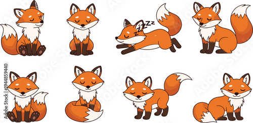 Set of Cute Fox Poses – Sitting, Sleeping, Walking, and Happy Fox Vector Art