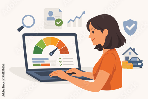 Woman Checking Credit Score Report Online on Laptop Computer, Financial Health Assessment with Gauge Meter, Mortgage and Car Loan Approval Concept, Simple Flat Vector Illustration.