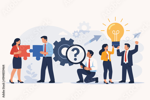 Business people collaborating on creative problem solving and innovation. Team working together with puzzle pieces, magnifying glass, and light bulb to find new ideas and strategic solutions.