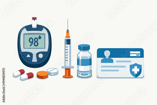 Flat Vector Illustration of Diabetes Management Tools: Blood Glucose Meter, Insulin Syringe, Vial, Pills, and Medical Insurance ID Card for Healthcare, Patient Monitoring, and Medical Services.