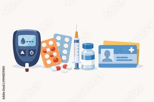 Diabetes Management Medical Equipment Set with Blood Glucose Meter, Insulin Syringe, Vial, Blister Packs of Pills, and Patient Health Insurance ID Card, Flat Vector Illustration for Healthcare