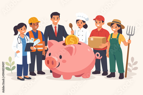Diverse professionals like doctor, builder, businessman, chef, courier, and farmer standing around a large pink piggy bank, representing savings, investment, pension, and economic growth concept.