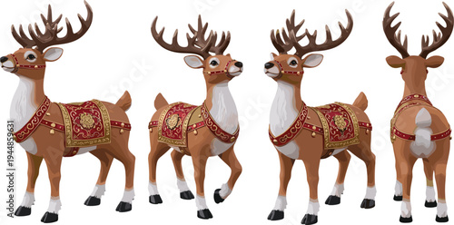 Set of Decorative Reindeer Illustrations with Ornate Harnesses and Antlers for Holiday and Festive Designs