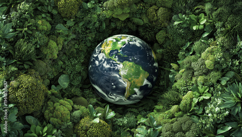 The vibrant planet Earth is nestled securely within a rich, textured bed of green foliage, symbolizing nature's embrace.