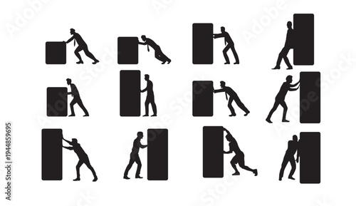 A collection of black silhouettes depicting people pushing and pulling blocks of various sizes