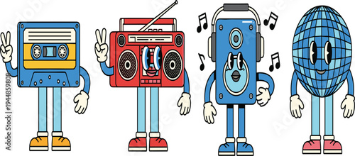 Vintage and Fun Vector Icons of Music and Audio Devices – Cassette, Radio, MP3 Player, and Disco Globe with Playful Faces
