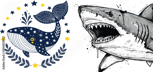 Vintage whale constellation emblem and realistic great white shark sketch vector illustration nautical tattoo design set