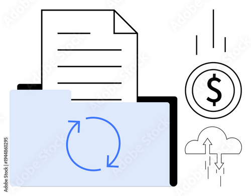 Document management concept. A folder, cloud, and dollar symbol digital data management and file exchange processes. Document sharing, data synchronization, fintech, cloud storage, business tools