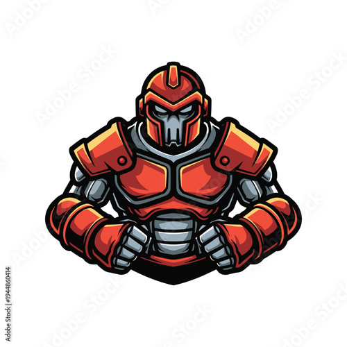 Cartoon robot in red armor gear.
