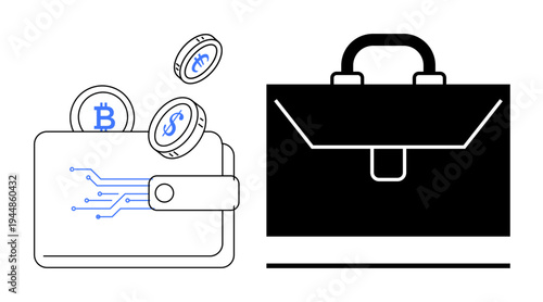Cryptocurrency, fintech, investment, digital banking, e-commerce, financial technology. Digital wallet with cryptocurrency coins and business briefcase. Cryptocurrency and fintech concept