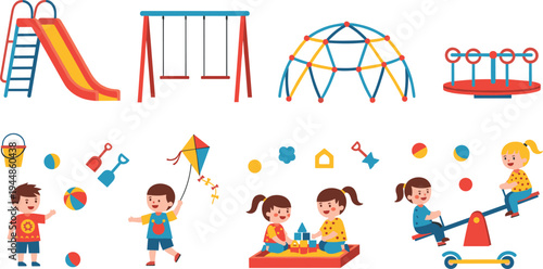 Children Playground Activities Vector Set Featuring Slide, Swings, Climbing Dome, Carousel, Sandbox, Seesaw and Kids Playing Outdoor Games.