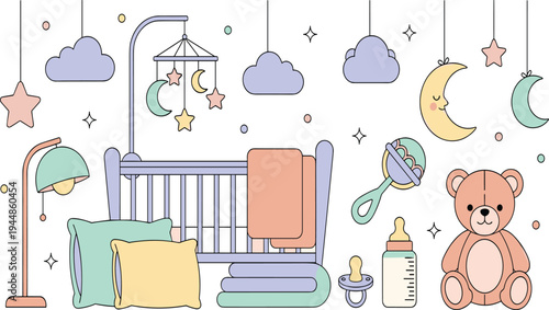 Cute Baby Nursery Room Vector Illustration Featuring Crib, Teddy Bear, Pacifier, Baby Bottle, Moon Mobile, Pillows and Infant Care Accessories.