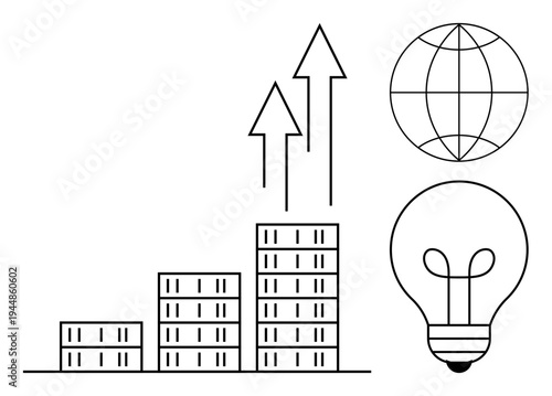 Business growth concept. Bar chart, upward arrows signify business progress. Globe and lightbulb global innovation and ideas. Ideal for marketing, startups, finance, education, technology