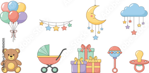 Cute Baby Shower Elements Vector Set Featuring Balloons, Teddy Bear, Stroller, Gift Boxes, Rattle, Pacifier, Moon and Nursery Decorations.