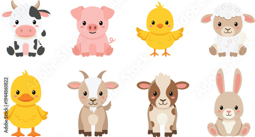 Cute Farm Animals Cartoon Vector Set Featuring Cow, Pig, Chick, Sheep, Duck, Goat and Rabbit Characters for Kids Illustration.